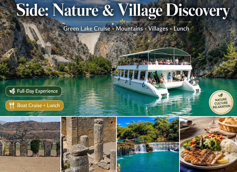 A boat cruise on a lake with mountains and ruins in the background. 1