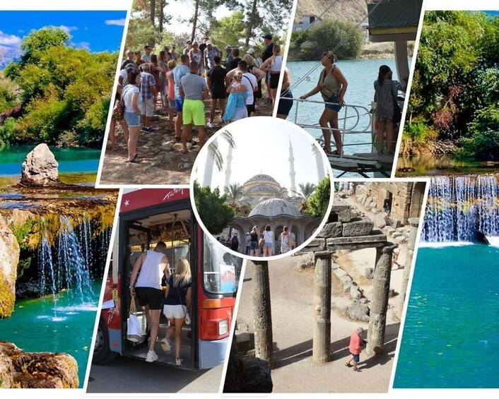 A waterfall, a group of people near a water body, a bus, and ancient ruins. 1