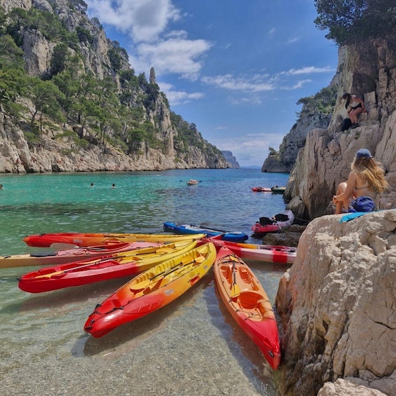 A rocky coastline with kayaks lined up on the shore, a person sitting on a rock, and others in the water. 3