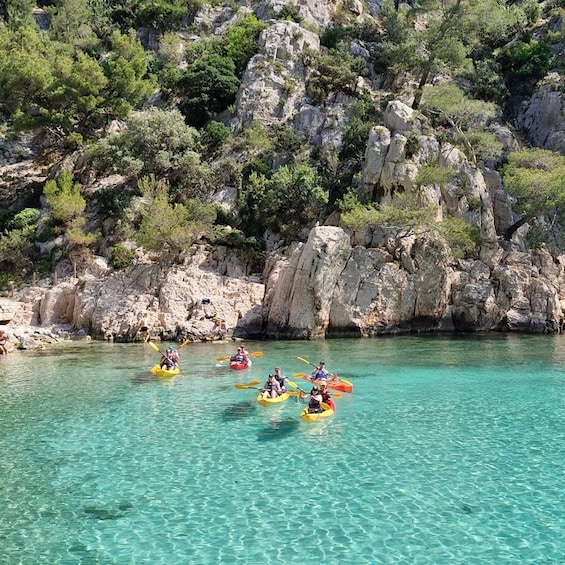 People kayaking on clear turquoise water with rocky cliffs and greenery in the background. 2