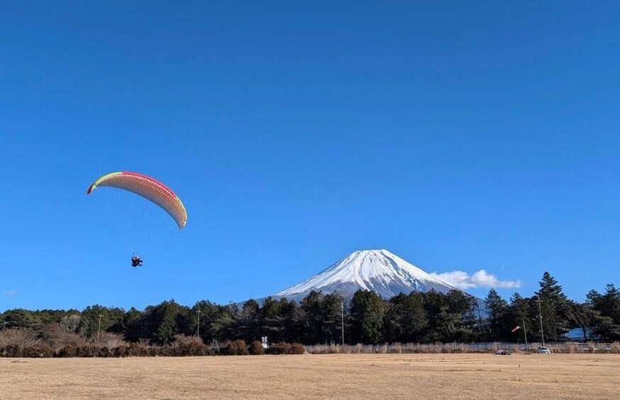 A person paragliding with a colorful parachute above a snow-capped mountain. 1