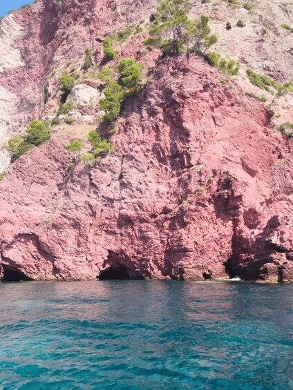 A rocky cliff with green vegetation and a clear blue sea. 1