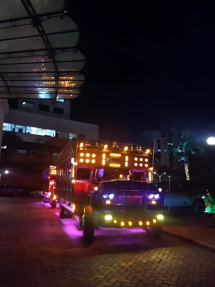 A brightly lit truck with multiple lights and decorations parked on a paved area at night. 3