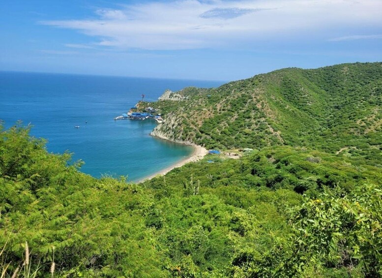 A coastal landscape with a beach, boats, and lush greenery. 1