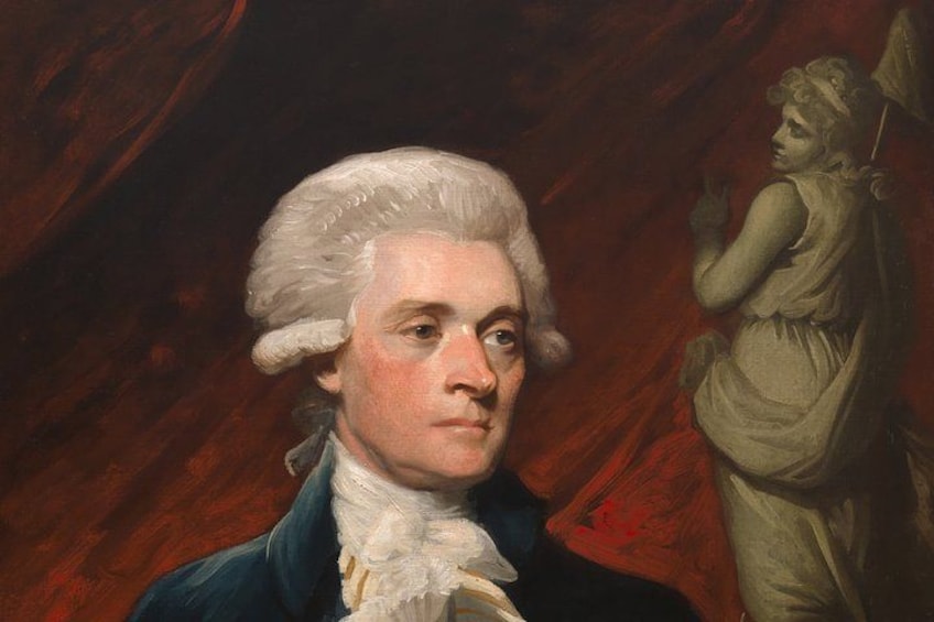 A portrait of a man in 18th-century attire with a statue in the background. 2