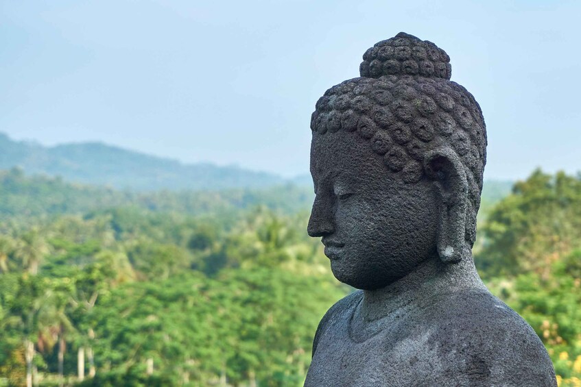 A stone Buddha statue with a mountainous landscape in the background. 4