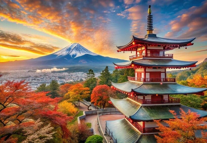 A pagoda with a backdrop of Mount Fuji and autumn foliage. 1