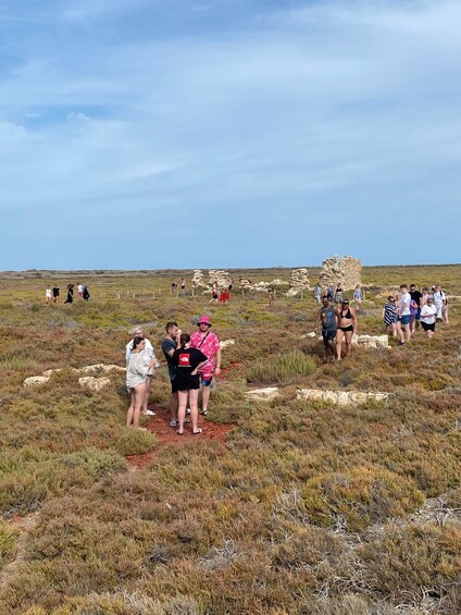 A group of people walking on a grassy field with stone structures in the background. 4