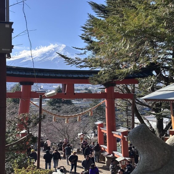 A red torii gate with a view of Mount Fuji in the background. 5
