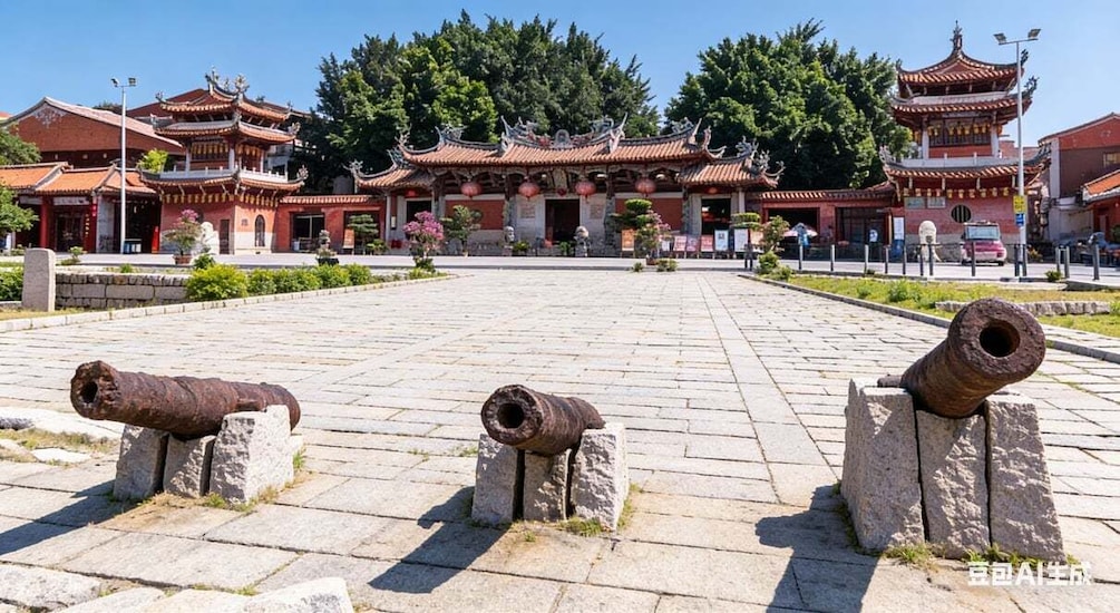 A traditional Chinese temple with ornate architecture and three cannons on display. 1