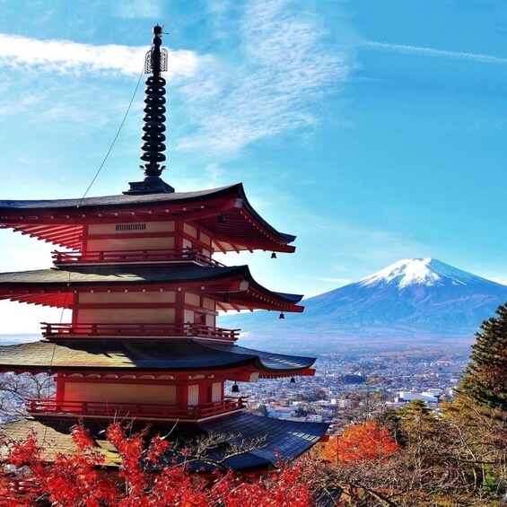 A traditional Japanese pagoda with a snow-capped mountain in the background. 4