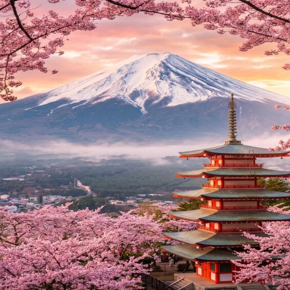 A snow-capped mountain, cherry blossoms, and a traditional Japanese pagoda. 5