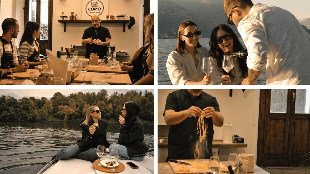 A cooking class, a lakeside picnic, and pasta preparation. 1