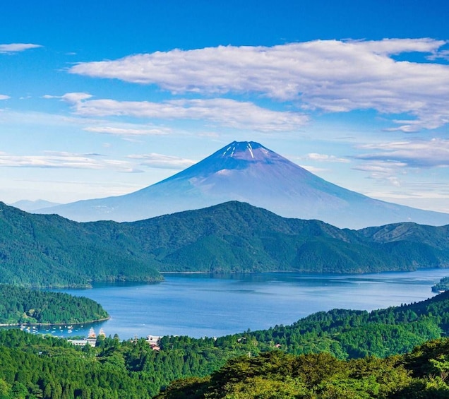 A volcano with a lake in the foreground and a clear sky. 1