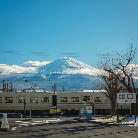 A train station with an exit sign, a snow-covered mountain in the background, and bare trees. 3