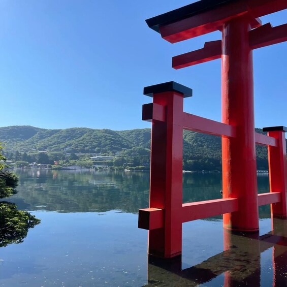 A red torii gate in front of a calm lake with mountains in the background. 2