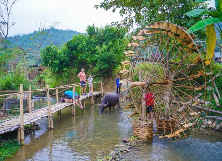 A bamboo water wheel, a wooden bridge, and a river in a lush green landscape. 4