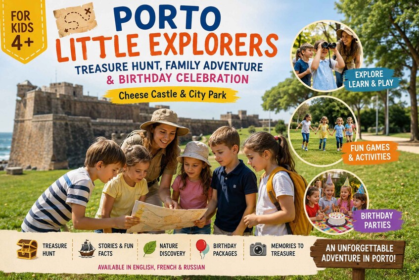 A family at a historical site with a treasure hunt activity, featuring a castle and park. 1
