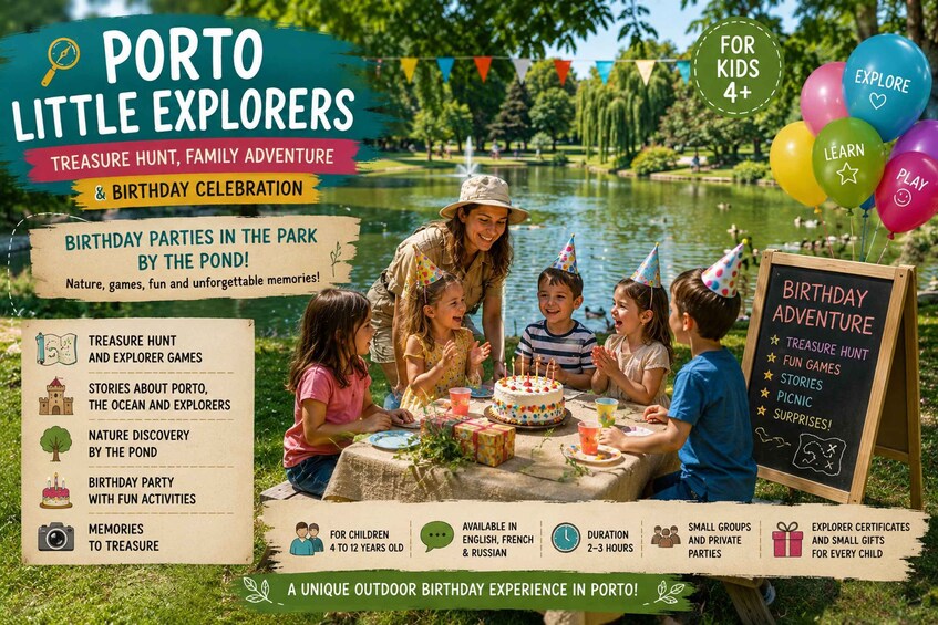 A birthday party at Porto Little Explorers with activities like treasure hunts and nature discovery. 3