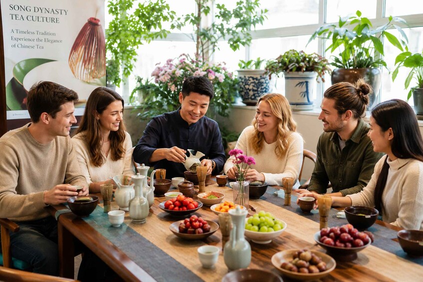 A group of people sitting around a table with tea and snacks, surrounded by potted plants and a sign about tea culture. 1
