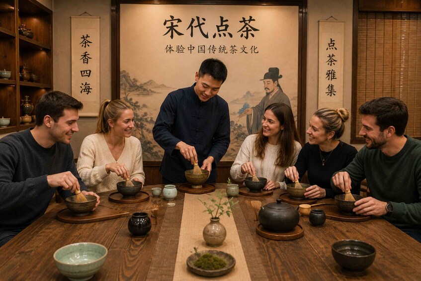 A group of people participating in a tea ceremony, with traditional Chinese tea sets and a backdrop featuring Chinese calligraphy and a painting. 3