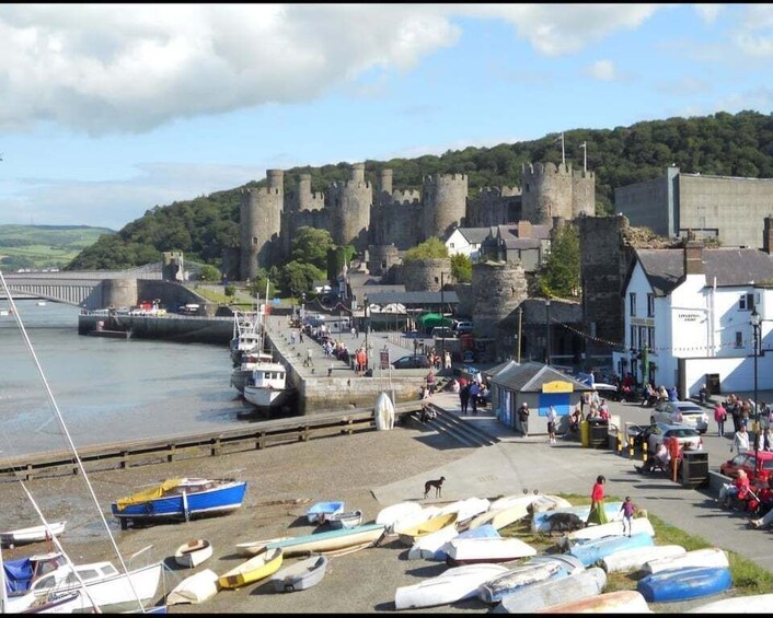 A coastal town with a historic castle, boats docked along the shore, and a bridge connecting to the mainland. 1
