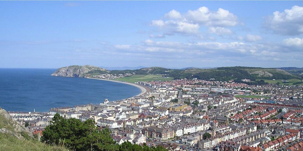 A coastal town with a prominent cliff, a curved bay, and rolling hills in the background. 5