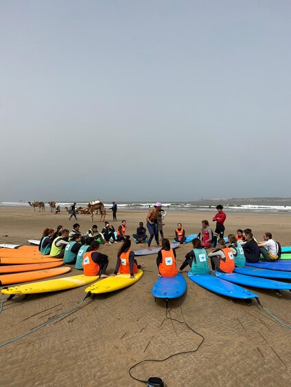 A group of people sitting on surfboards on a beach, some wearing life vests. 4