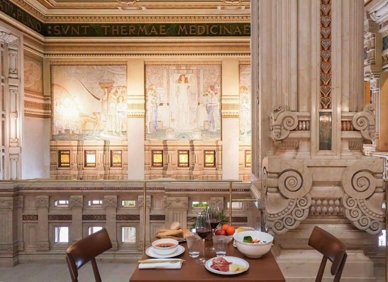 A dining table set with food and drinks in a room with ornate columns and a mural. 3