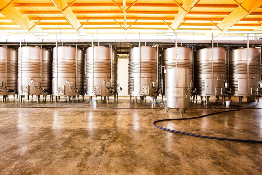 A large industrial facility with multiple stainless steel tanks and a polished concrete floor. 1