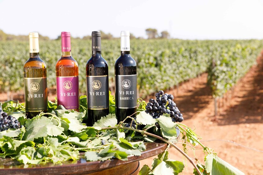 Four bottles of Vi-Rei wine with a vineyard in the background. 2