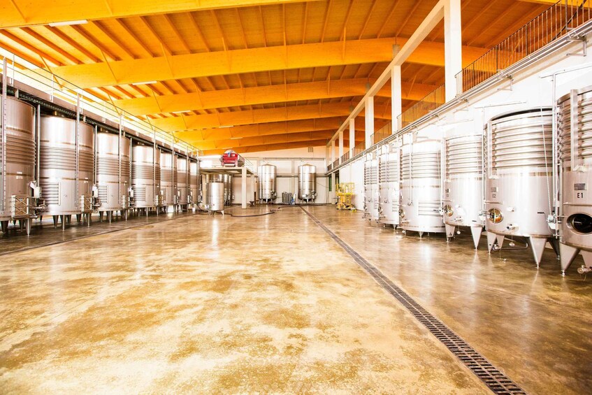 A large industrial facility with stainless steel tanks and a polished concrete floor. 3