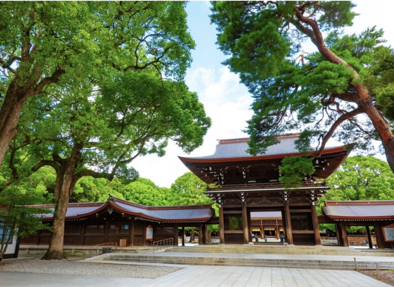A traditional Japanese temple with a large central building and surrounding trees. 3