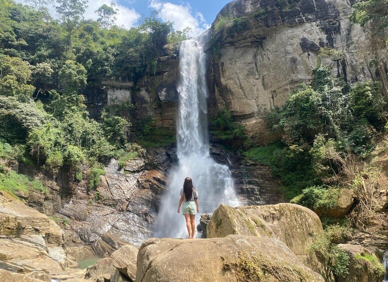 A waterfall cascading down a rocky cliff surrounded by lush greenery. 1
