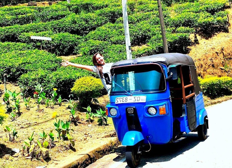 A blue auto-rickshaw parked on a road with a person extending their arm out of the window. 5