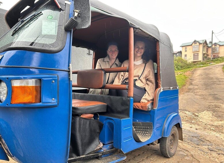 A blue auto-rickshaw with passengers, a dirt road, and houses in the background. 2