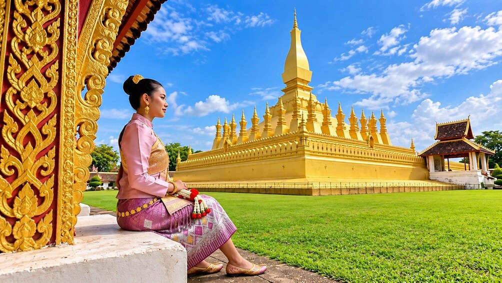 A woman in traditional attire sitting on a stone bench, a golden temple with multiple spires in the background, and a smaller structure to the right. 4
