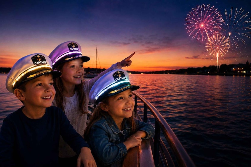 Three people wearing 'Captain' hats on a boat with fireworks in the background. 1