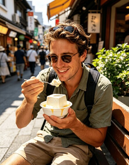 A person sitting on a bench, holding a bowl of ice cream. 5