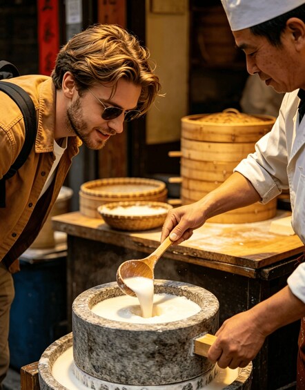 A person pouring milk into a stone mortar. 4