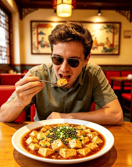 A person dining at a restaurant with a plate of tofu topped with green onions and capers. 1