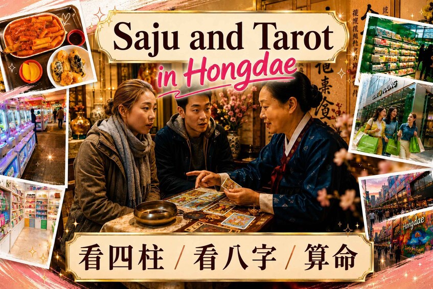 A group of people engaged in a tarot card reading, with a sign reading 'Saju and Tarot in Hongdae' and various food and shopping images around them. 1