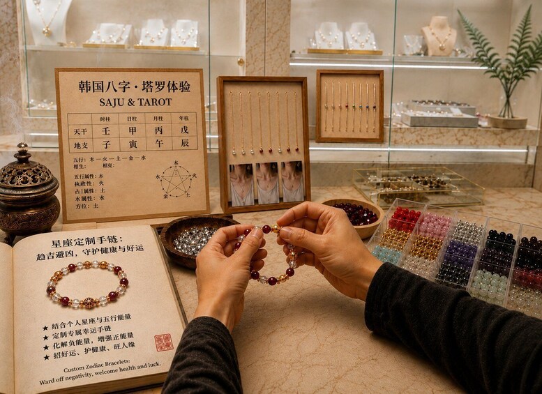 A person examining a bracelet with beads, surrounded by jewelry displays and a tarot card. 5