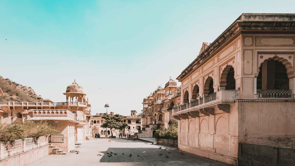 A historic building with arches and domes, a clear sky, and pigeons on the ground. 5