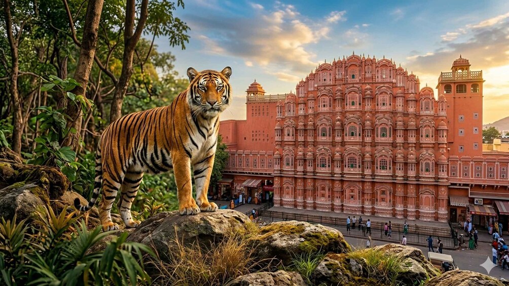 A tiger on a rock with a large, ornate building in the background. 1