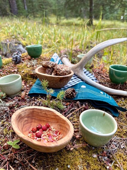 A rustic outdoor setting with a wooden spoon, bowls of berries, and a blue cloth on the forest floor. 3