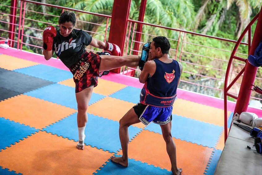 Two people in a boxing ring, one delivering a high kick to the other. 4