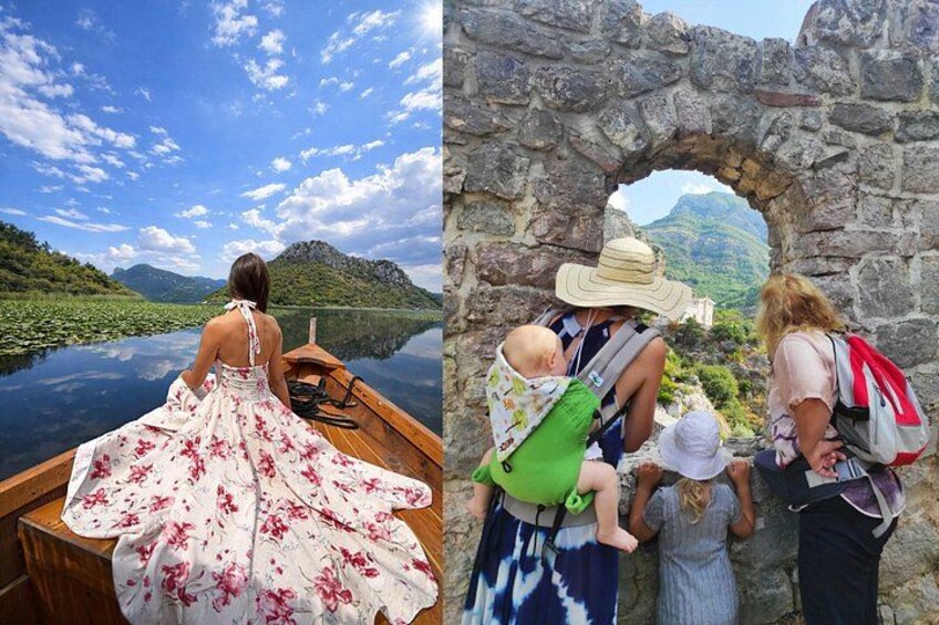 A woman in a floral dress on a boat, a stone archway, and a mountainous landscape. 1