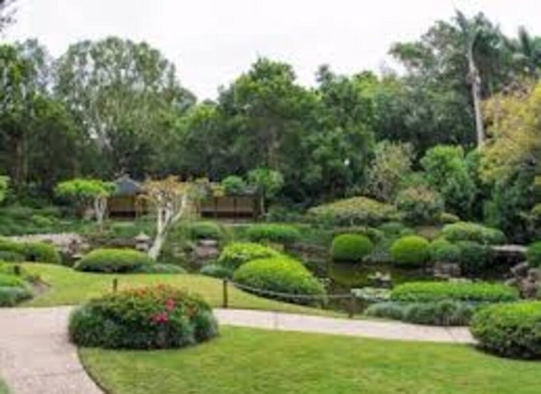 A well-maintained garden with manicured lawns, a variety of shrubs, and a small pond. 5