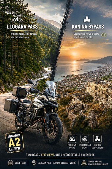 A motorcycle on a winding road with a sunset, mountains, and a castle in the background. 3